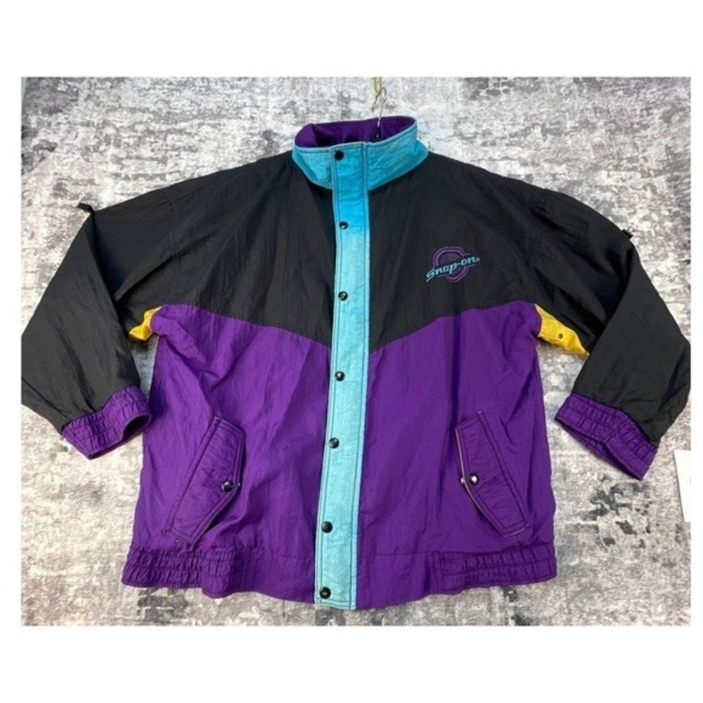 Vtg Snap-on Mens M Windbreaker Jacket 90s Colorblock Purple Teal Racing Horizon